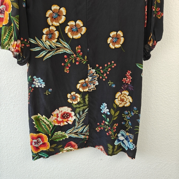 Johnny Was Zorya 100% Silk Floral Print Puff 3/4 Sleeve Mini Dress Black Size XS - Picture 12 of 15